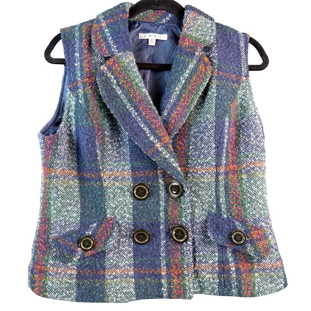 Cabi Plaid Wool Blend Vest Blue Green Pink Double Breasted Style 908 Size M